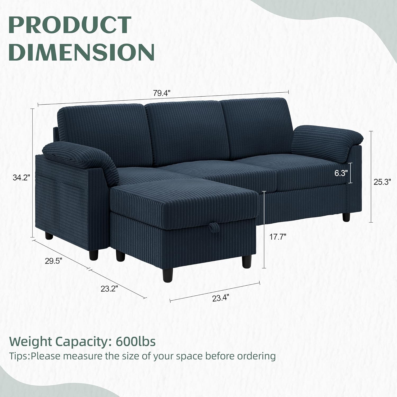 Vongrasig Convertible Sectional Sofa Couch, 3 Seat L Shaped Sofa with Removable Pillows Soft Corduroy Fabric Small Couch Mid Century for Living Room, Apartment and Office, Dark Blue