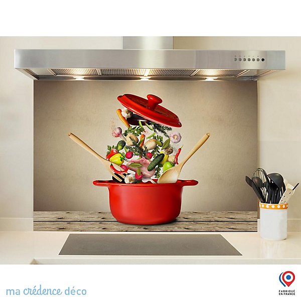 Crédence cuisine fond de hotte Marmite rouge et légumes - Verre trempé - L 70 cm x H 60 cm - MaCrédenceDéco