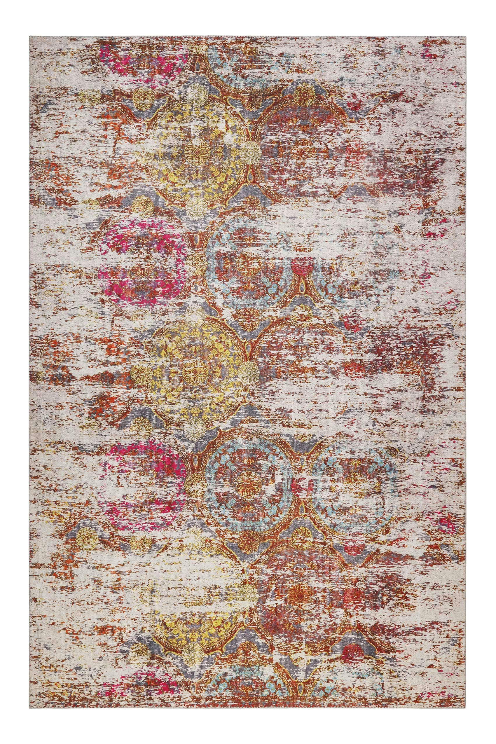 FOCUS - Tapis plat motif vintage effet usé multicolore rose 110x170