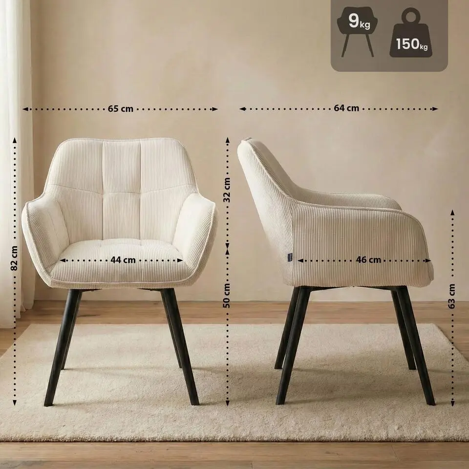 CLP Eetkamerstoel Vienna zwart Frame - Ribstof - creme