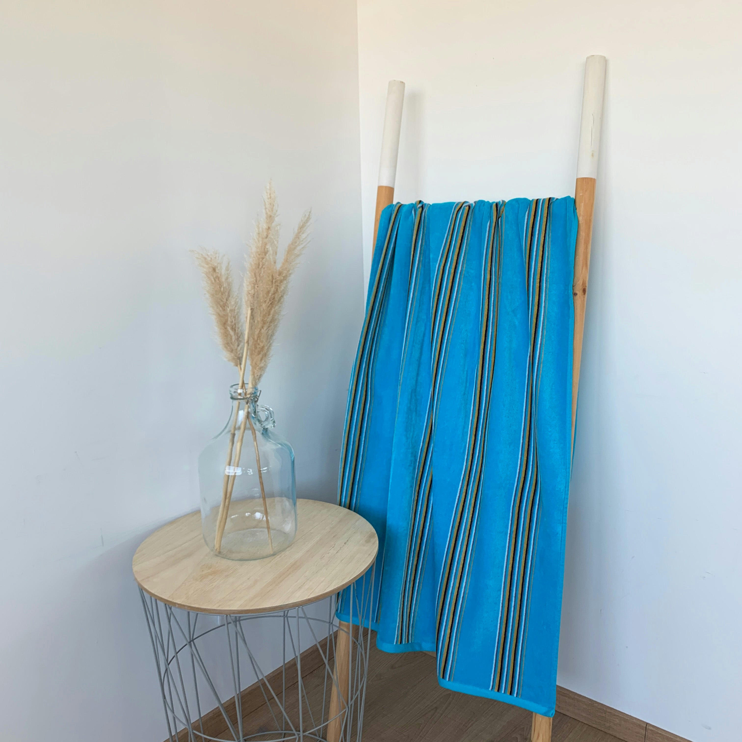 RAYURES - Serviette de plage éponge velours Milonga turquoise 90x170 400g/m²