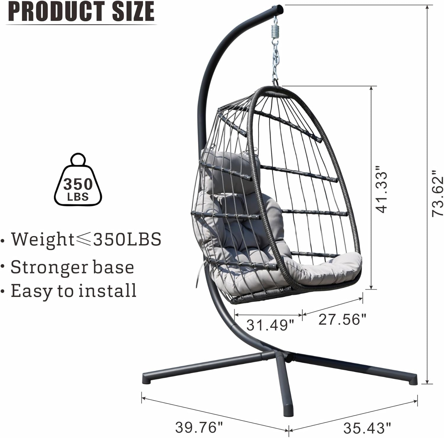 FREDEES Egg Swing Chair with Stand, Outdoor Hanging Egg Chair with Cushion for Patio/Porch/Balcony/Indoor (Light Gray)