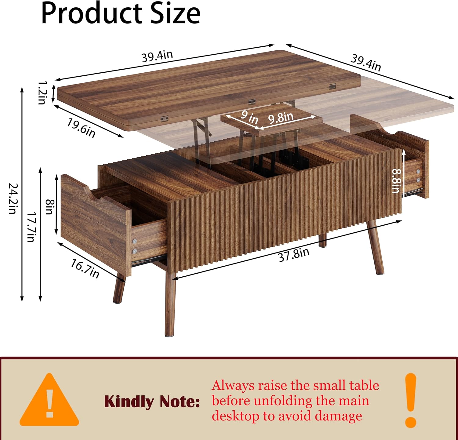 40 Lift Top Coffee Table, 4 in 1 Multi-Function Coffee Tables with Storage Drawers and Lift Tabletop, Mid Century Modern Dining Table Fluted Center Table for Living Room, Walnut