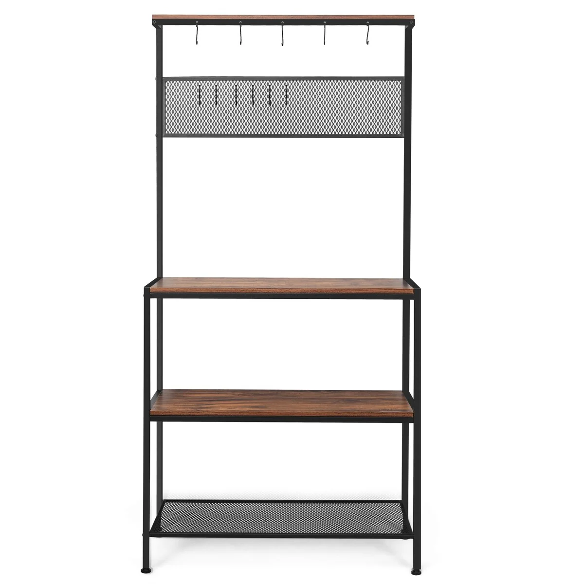 4-Tier Bakers Rack Kitchen Rack Stand with Hooks and Mesh Panel