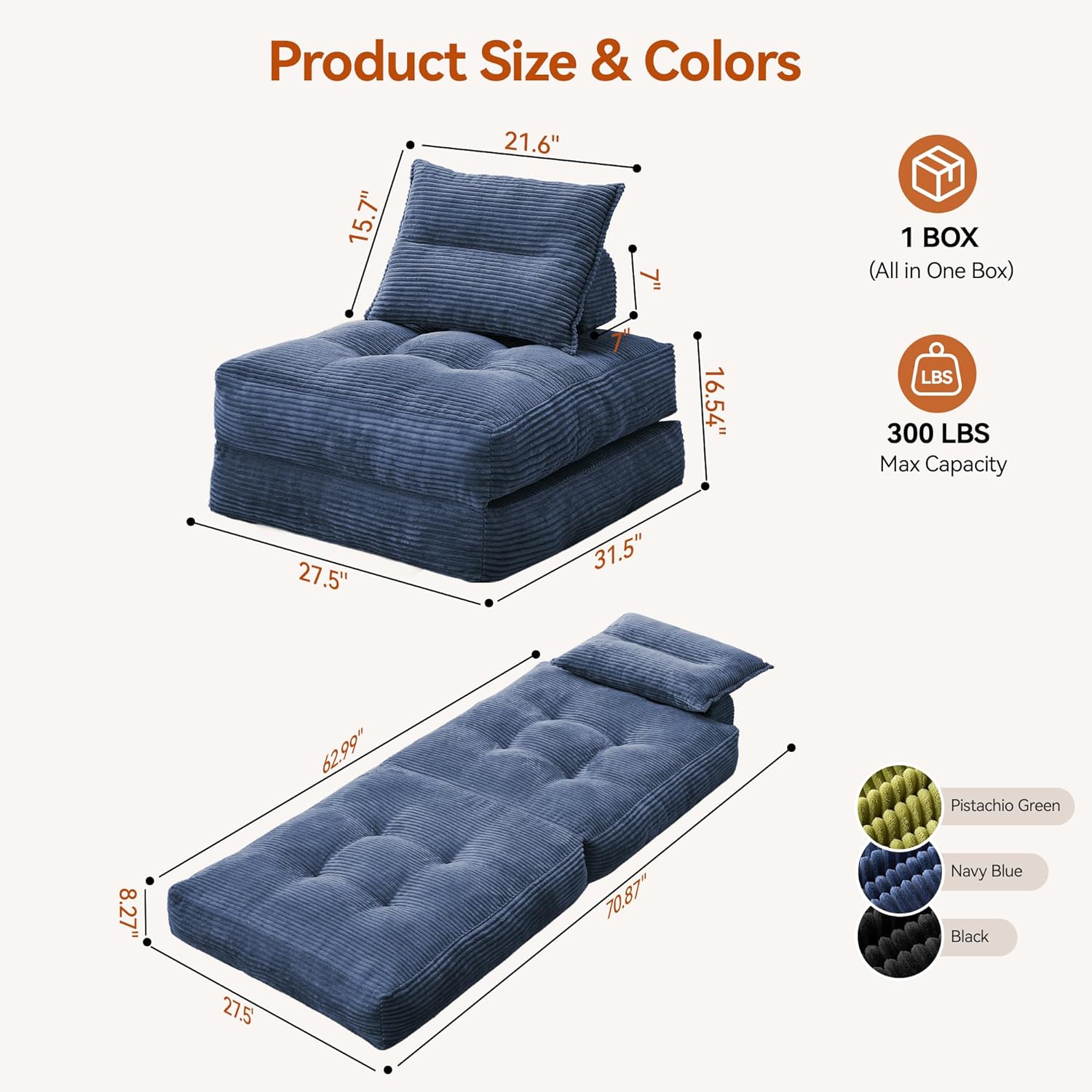 MONVANE Folding Sofa Bed, Fold Out Chair Bed with Pillow, Convertible Sleeper Chair for Living Room/Small Spaces, Foldable Lazy Sofa Bed Floor Chair, Comfy Corduroy Couch Bed, Navy Blue