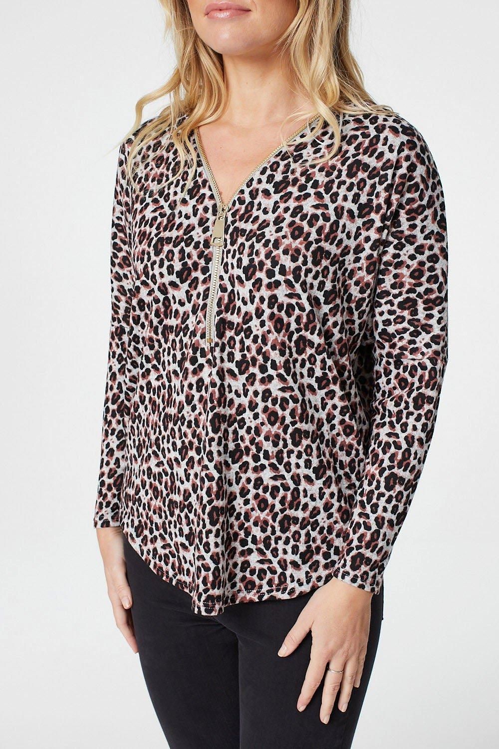 Izabel London Animal Print Zip Front Long Sleeve Top
