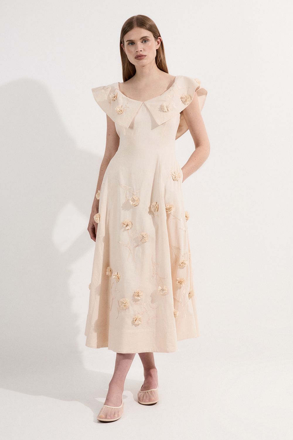 KarenMillen Petite Cotton Applique Bardot Woven Maxi Dress