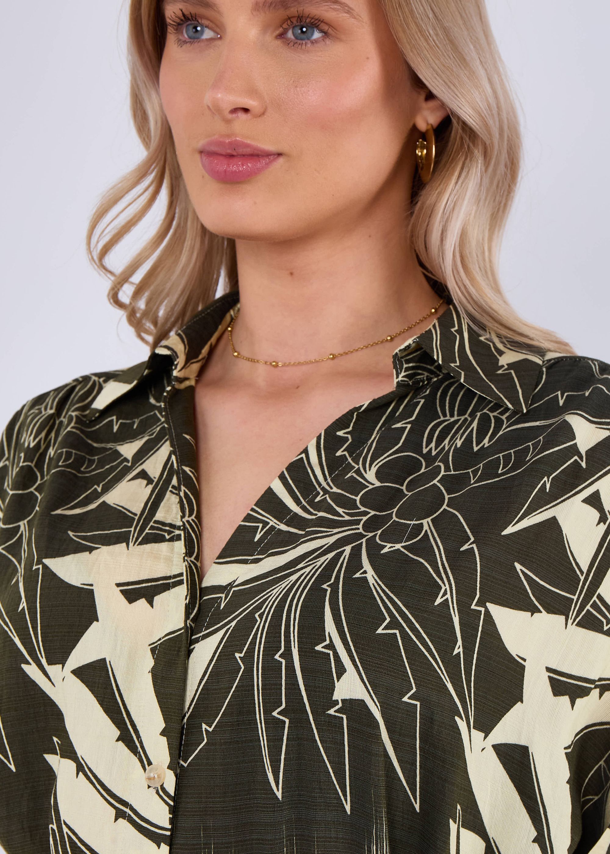 Gini London Khaki Tropical Print Midi Shirt Dress