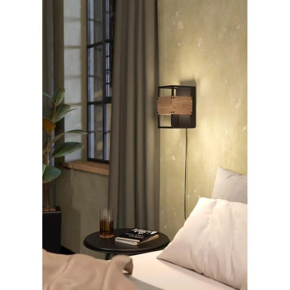 EGLO Evesham Wandlamp - E27 - 24 cm - Zwart/Bruin - Hout