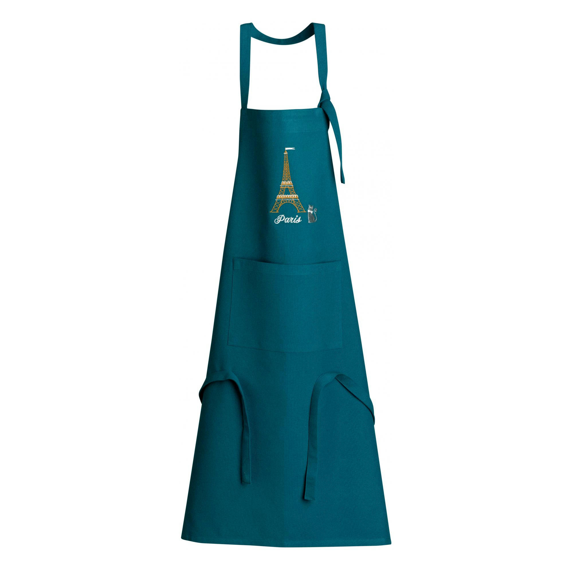 BRODERIE PARIS - Tablier de cuisine recyclé tour eiffel avec poche paon 85 x 72