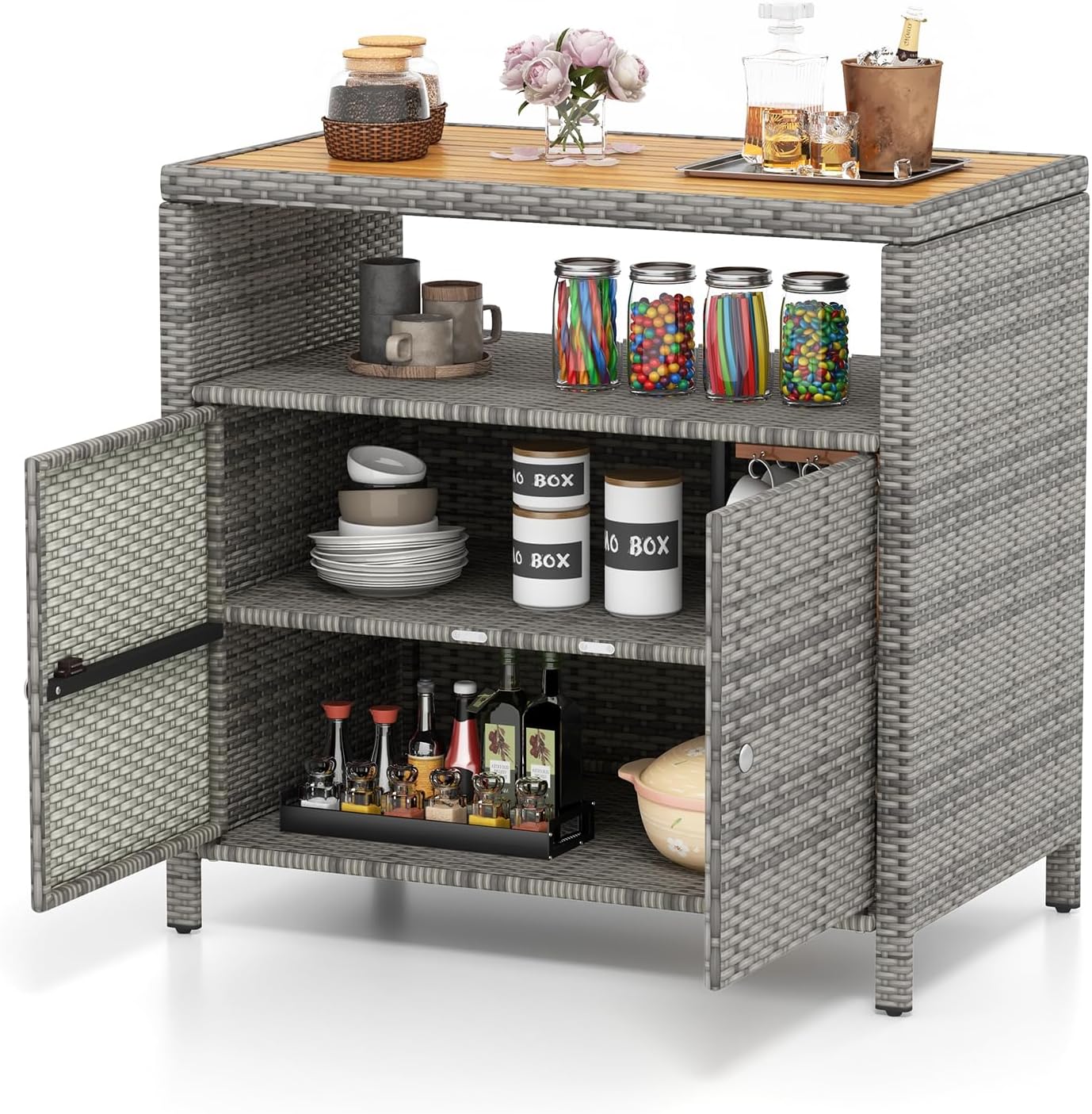 Tangkula Rattan Outdoor Storage Cabinet, Patiojoy Outdoor Cabinet with Acacia Wood Countertop, Open Compartment, 2-Door Wicker Sideboard, Outdoor Bar for Patio Garden Backyard Poolside (Mix Grey)