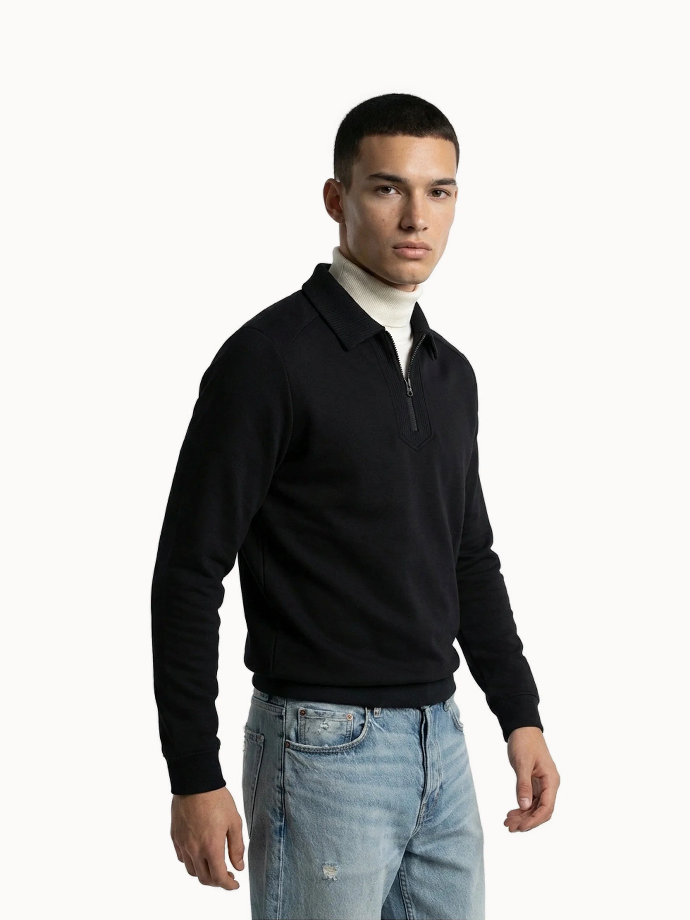 Sweat double face avec col polo zippé en maille