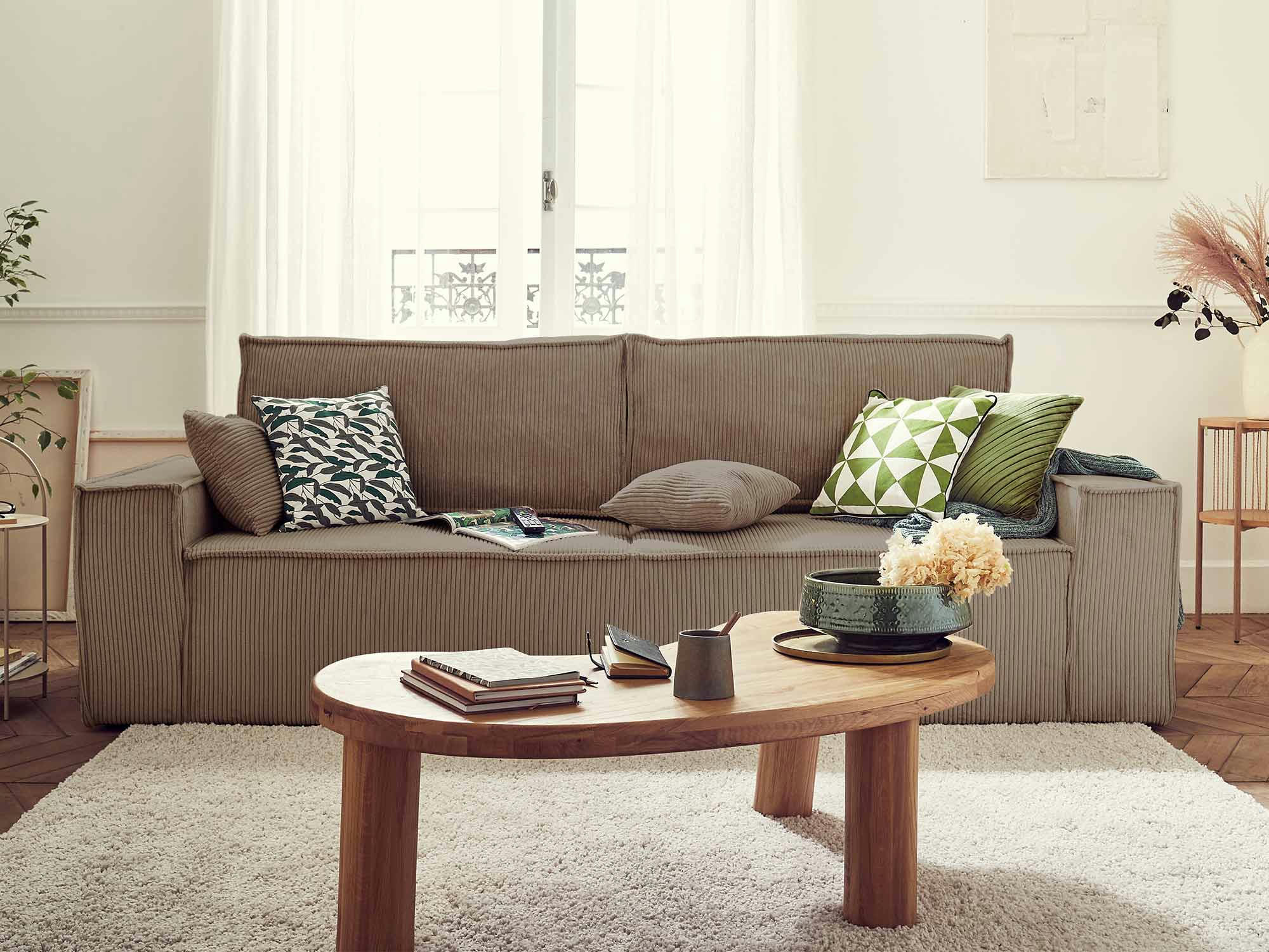 DELLIA - Canapé droit convertible 3 places en velours côtelé taupe