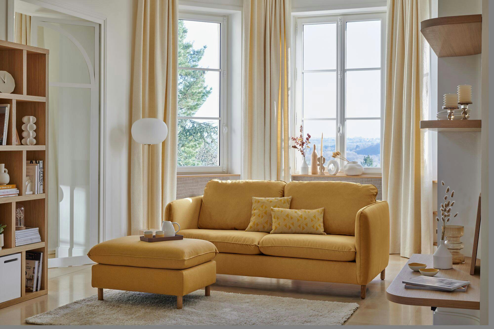 PORTIMO - Canapé convertible en tissu moutarde