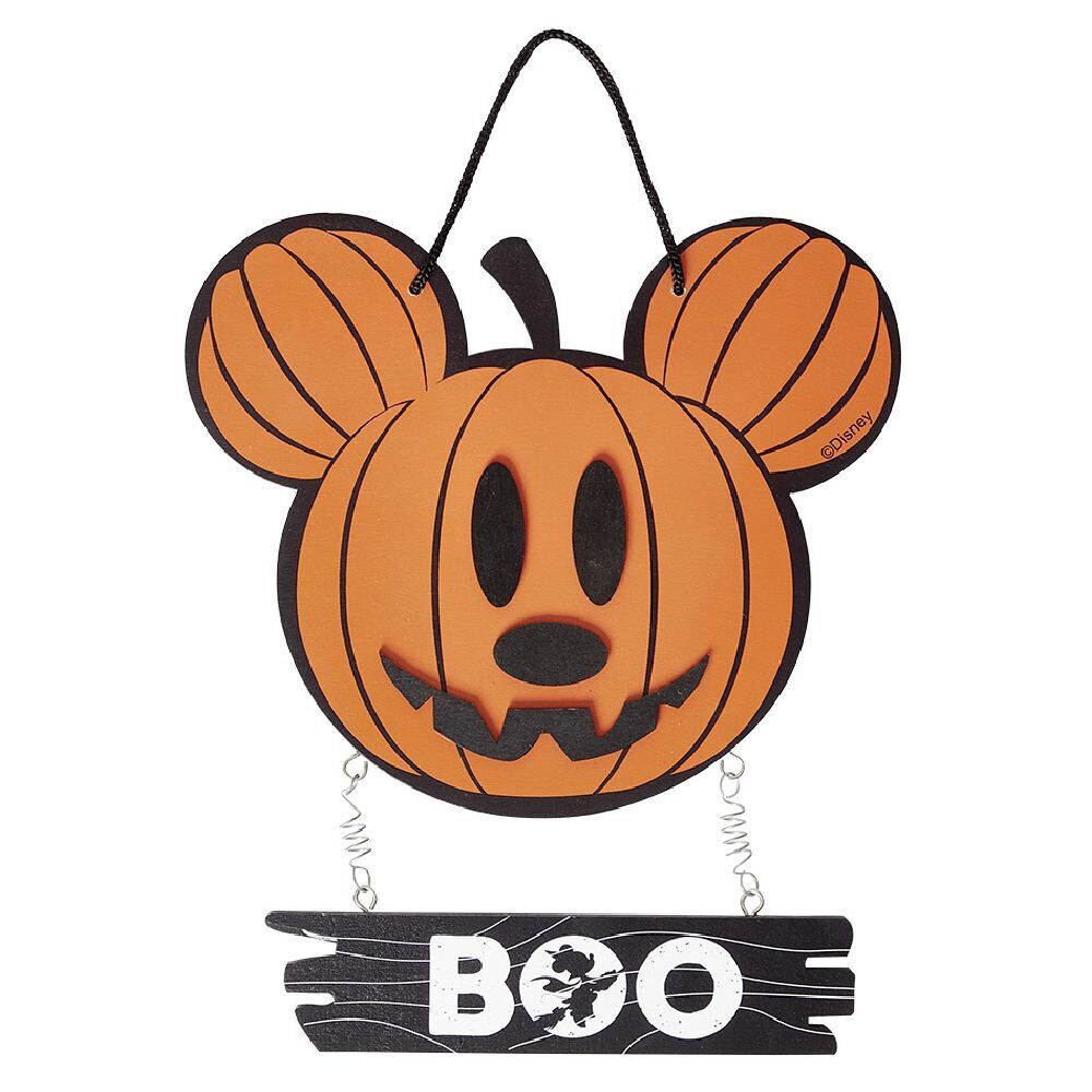 Suspension bois Disney inscription BOO tête Mickey citrouille orange