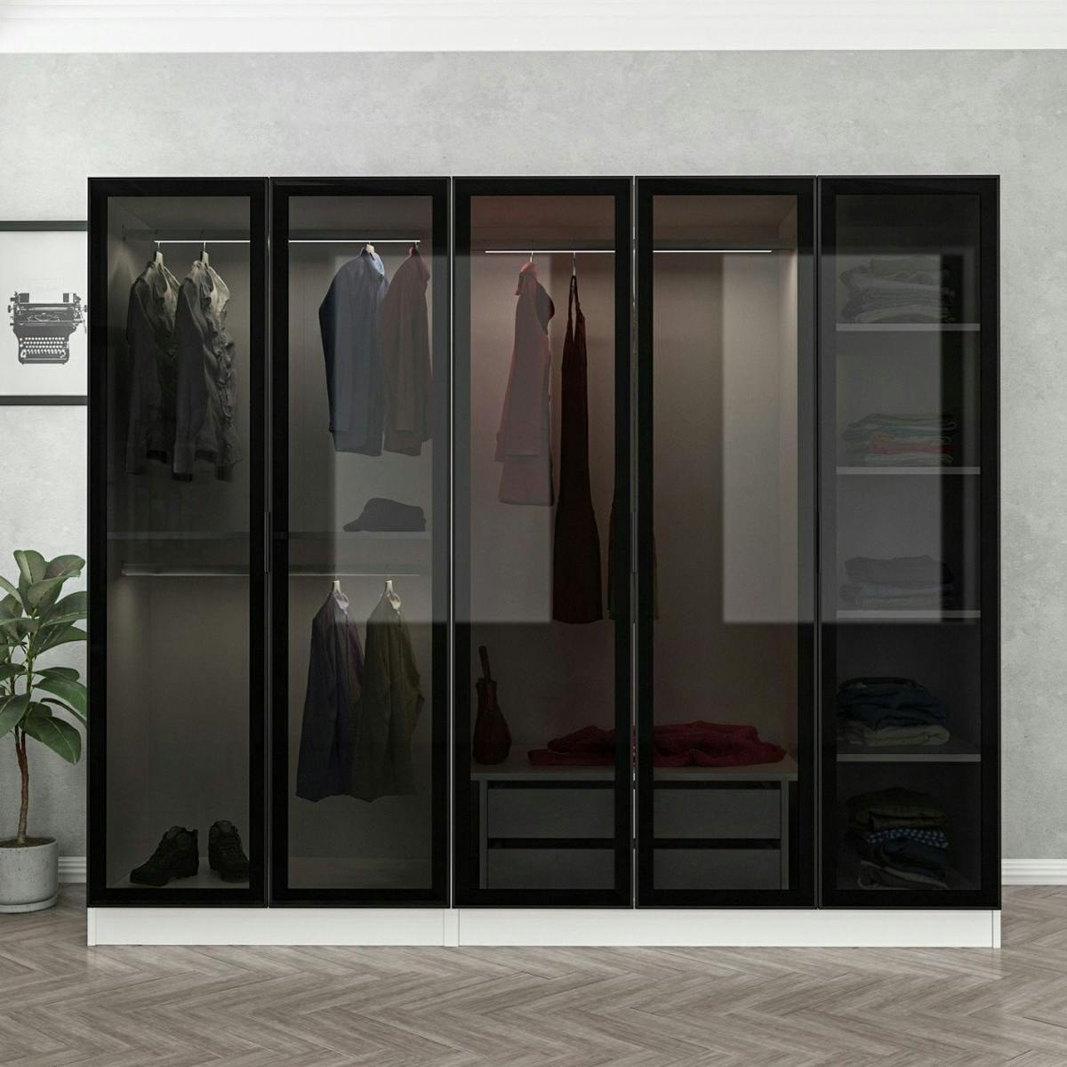 Armoire penderie blanche 5 portes verre 2 tiroirs BYRON
