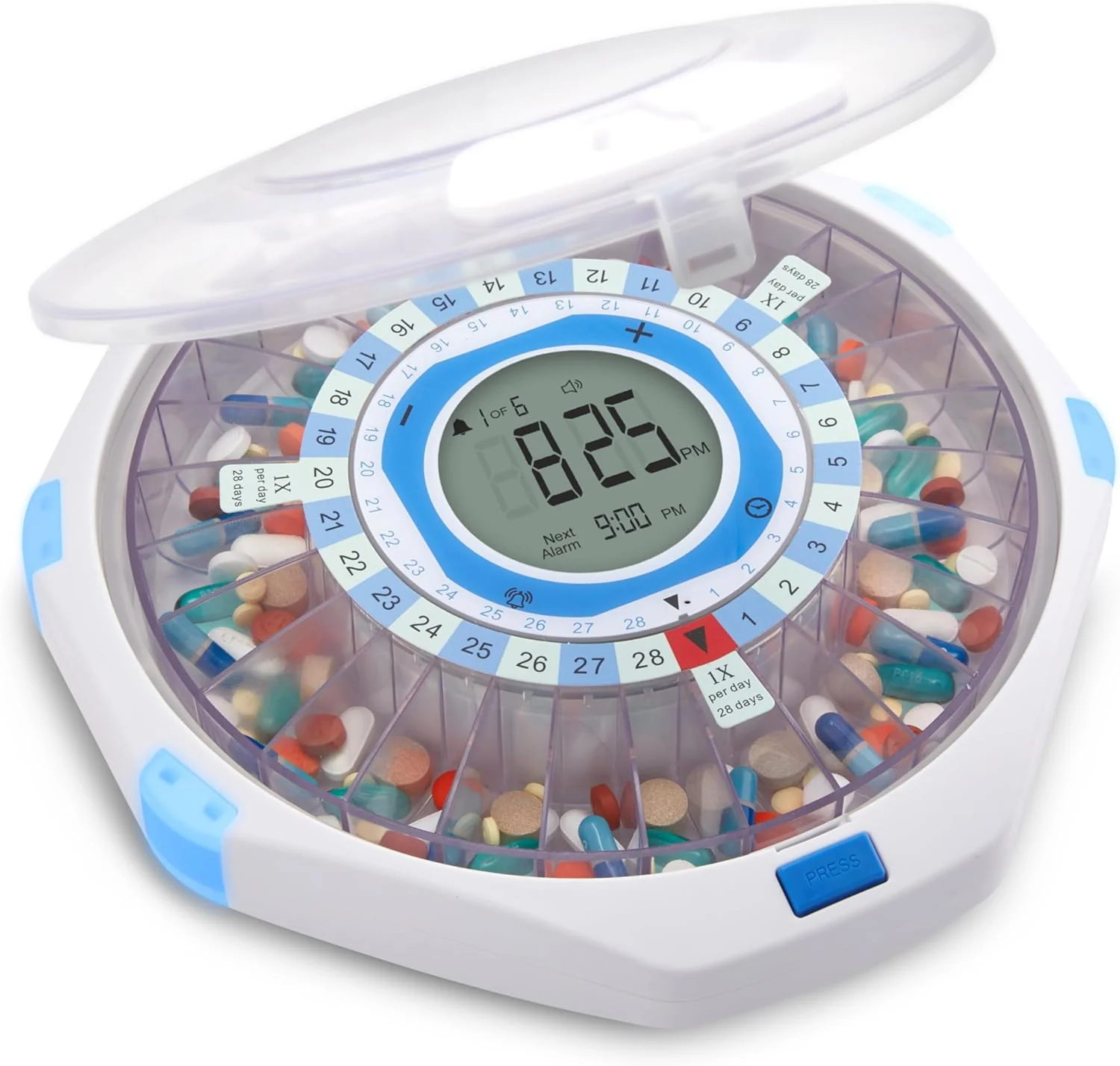 Pill Dispenser and Remote Medication Monitoring System with Locking Key, 28-Day Medication Organizer Up To 9 Doses Per, Adjustable Light/Sound Alarms For Prescriptions  Vitami