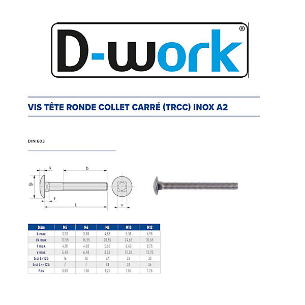 50 Vis Tête Ronde Collet Carré TRCC 8 x 100 mm - DIN 603 - Inox A2 - D-Work