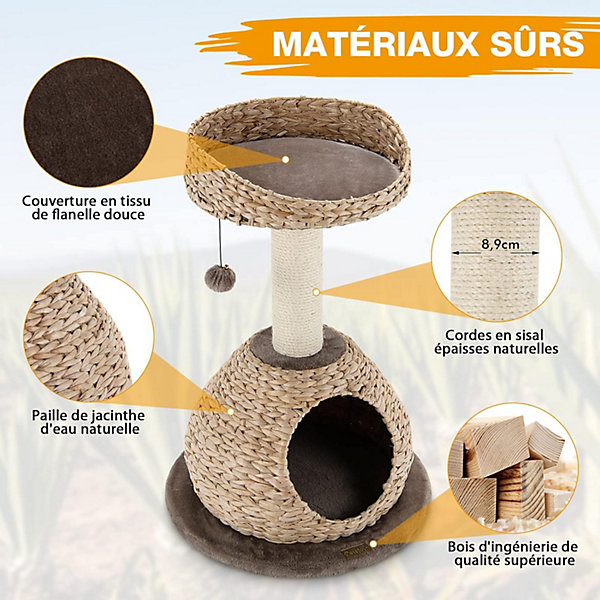 Arbre à Chat 72 CM en Tige de Massette 2 Niveaux avec Plateforme Niche Poteaux en Sisal Coussin Souple Boule Marron et Beige