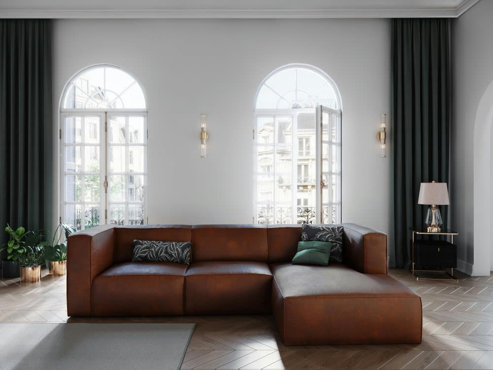 MUSE - Canapé d'angle 5 places en cuir cognac