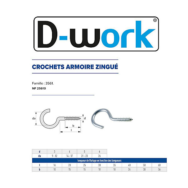 200 Crochets Armoire 4 x 25 mm - NF 25610 - Zingué blanc - D-Work