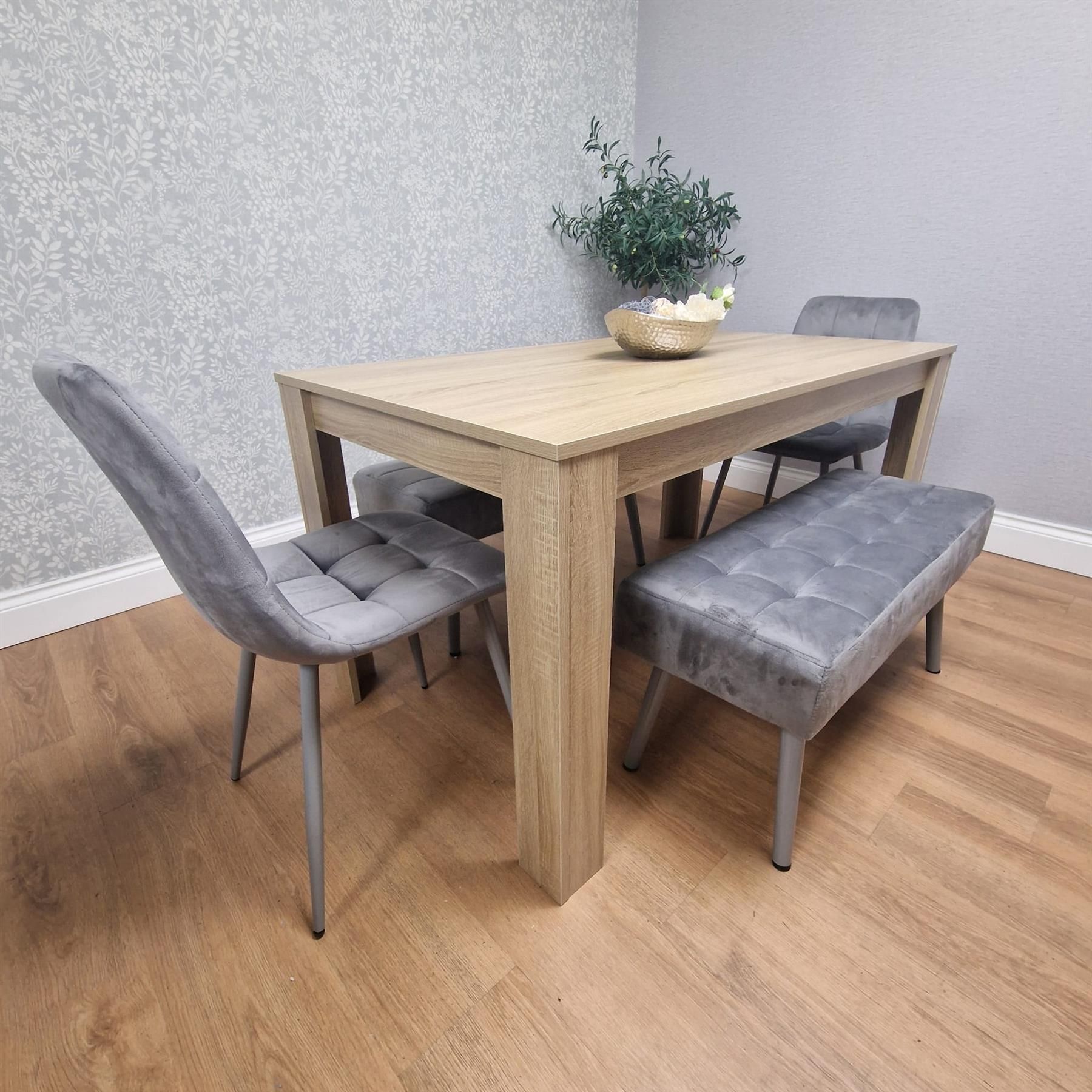 KOSY KOALA Oak Effect Dining Table Set With 2 Grey Velvet Chairs And 2 Grey Benches Dining Room Furniture
