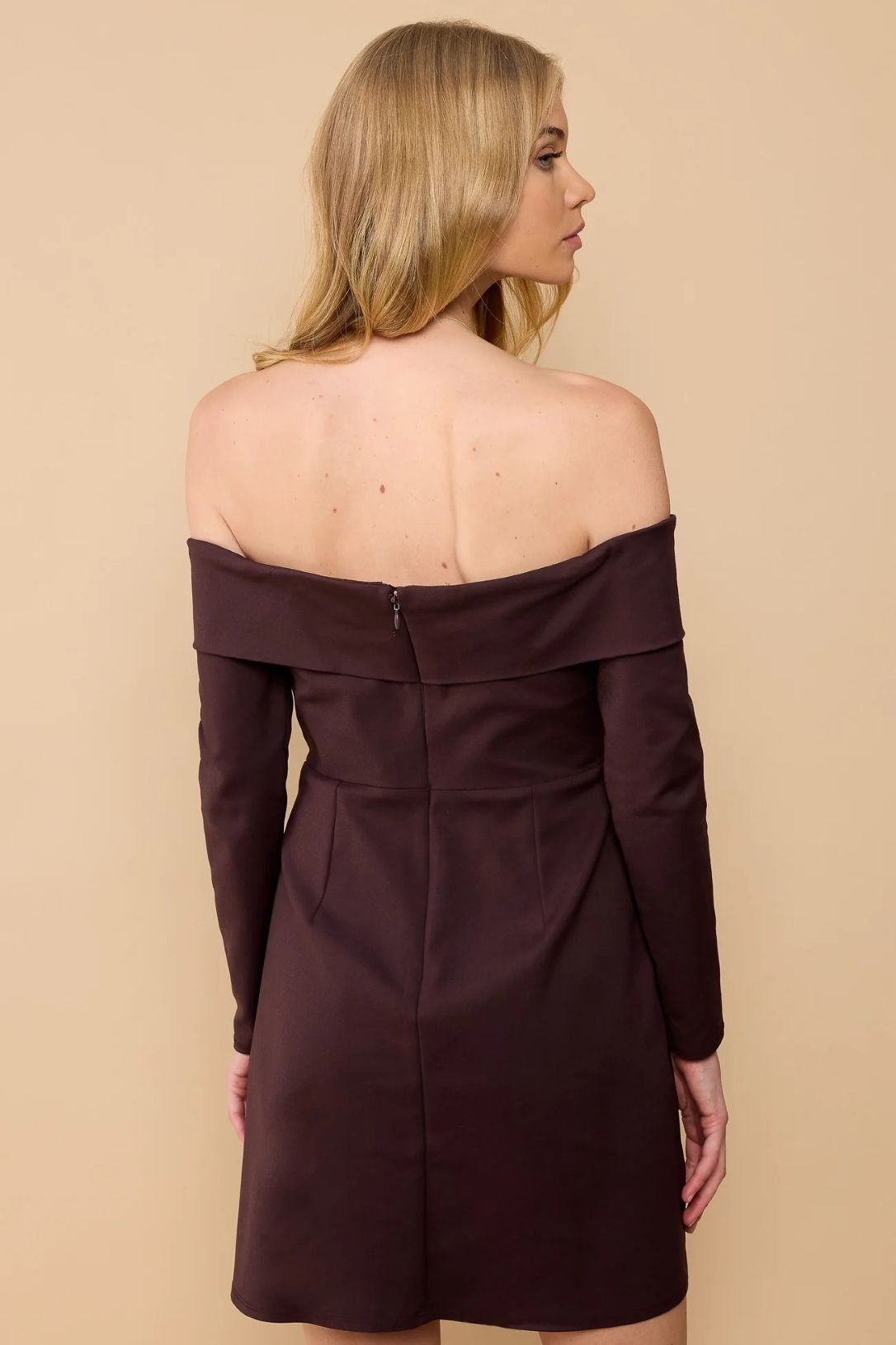Little Mistress Chocolate Brown Bardot Mini Dress