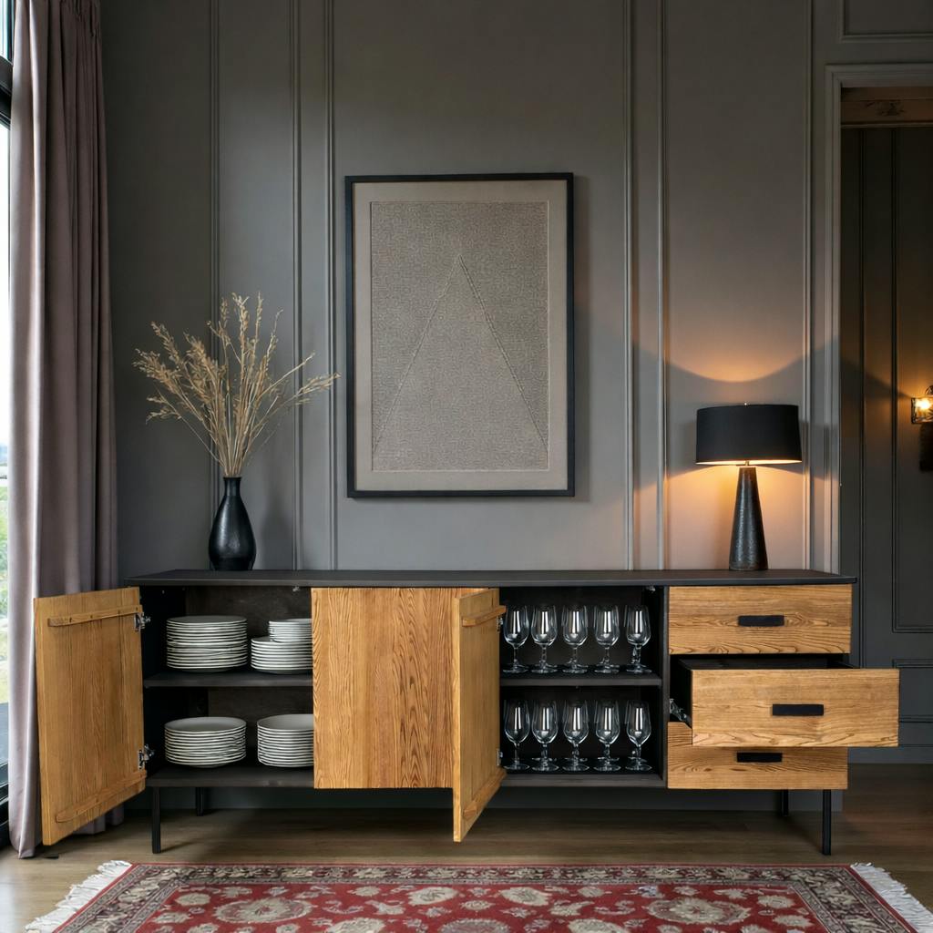 Buffet bas 3 portes en bois bicolore, façade ondulée TARAN
