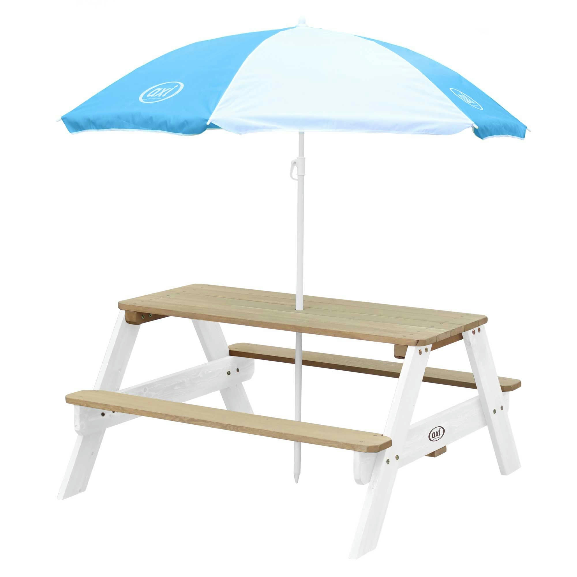 - Table de pique-nique en bois avec parasol