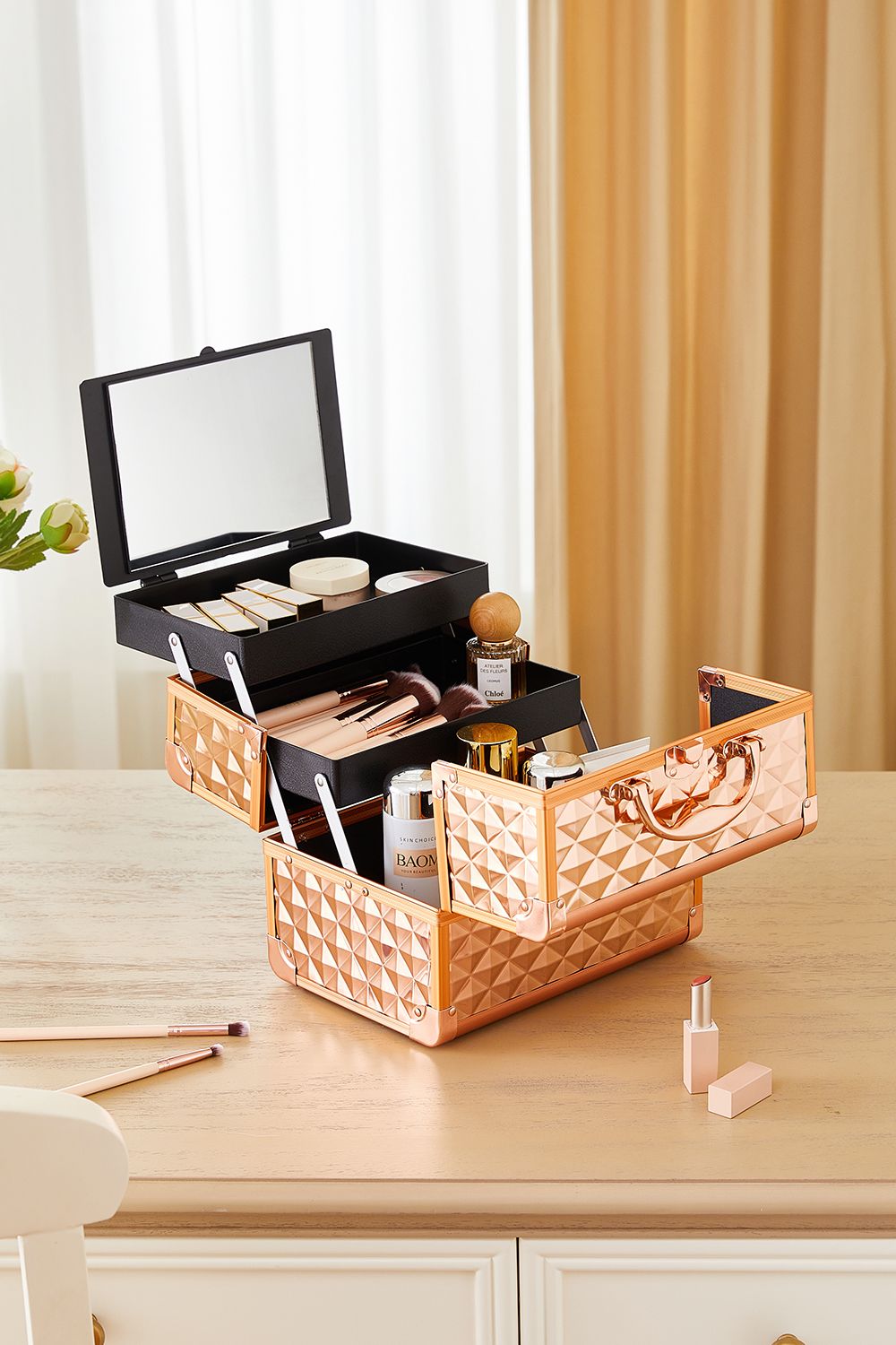 SHEONLY Rose Gold Cosmetic Box 2 Trays with Mirror Professional Makeup Box Storage Organizer
