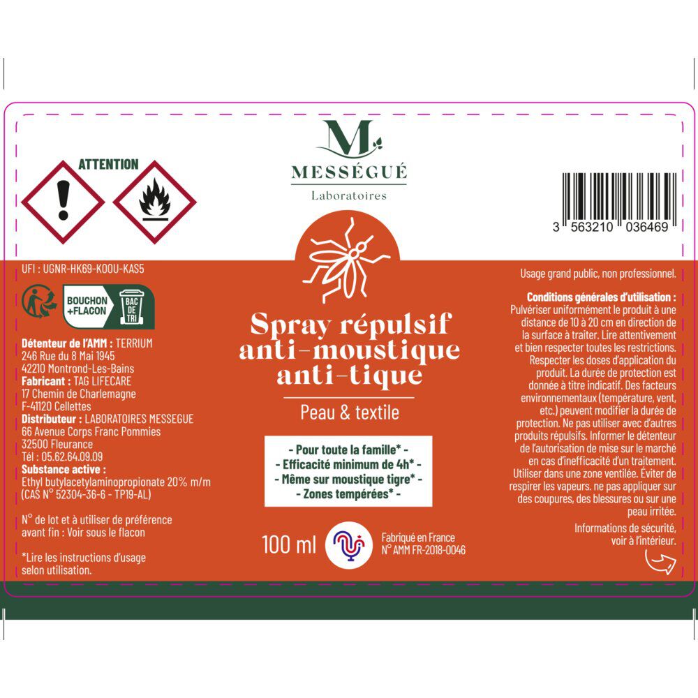 Spray répulsif anti-moustique et anti-tique Mességué peau et textile 100ml
