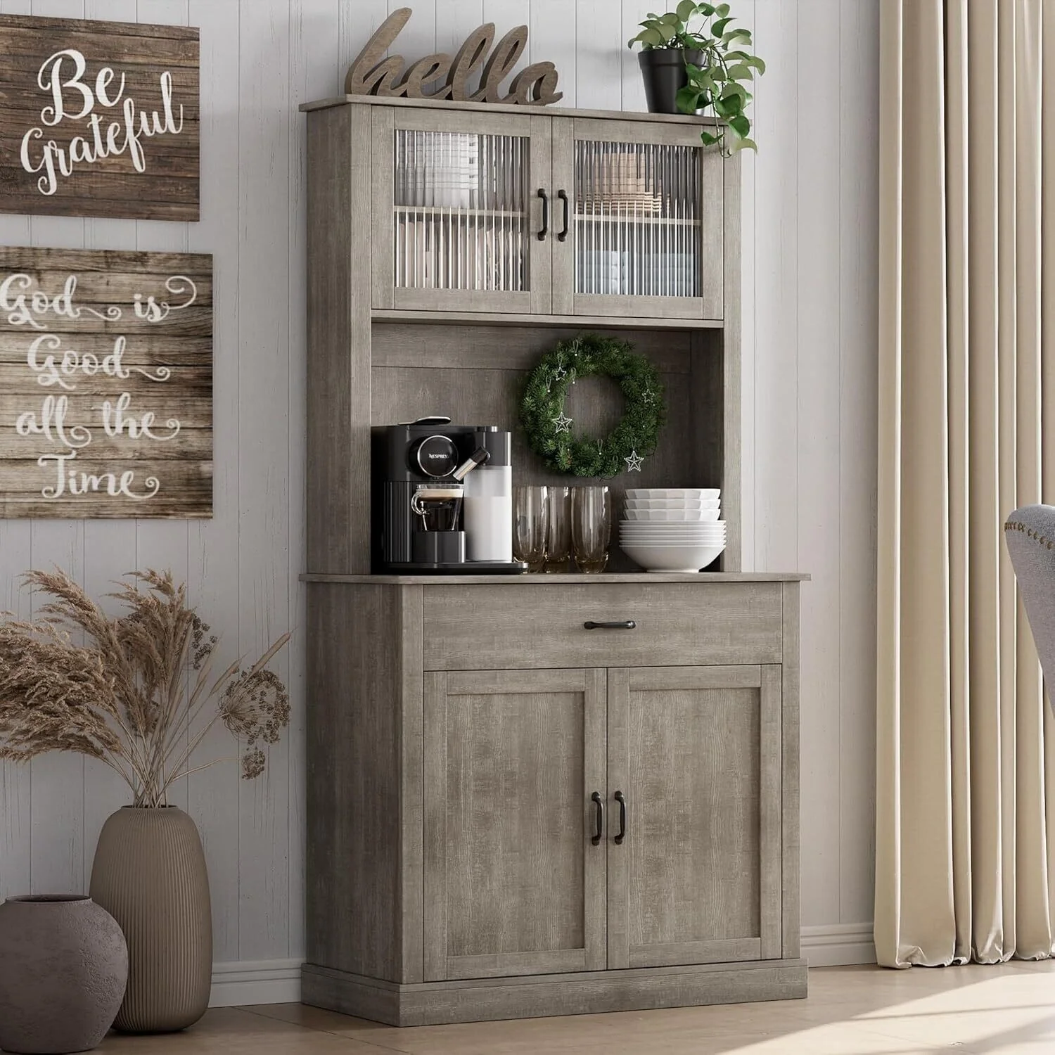 Kitchen Pantry Cabinet, 71 Tall Kitchen Hutch Storage Cabinet with Microwave Stand, Freestanding Buffet Cabinet For Home