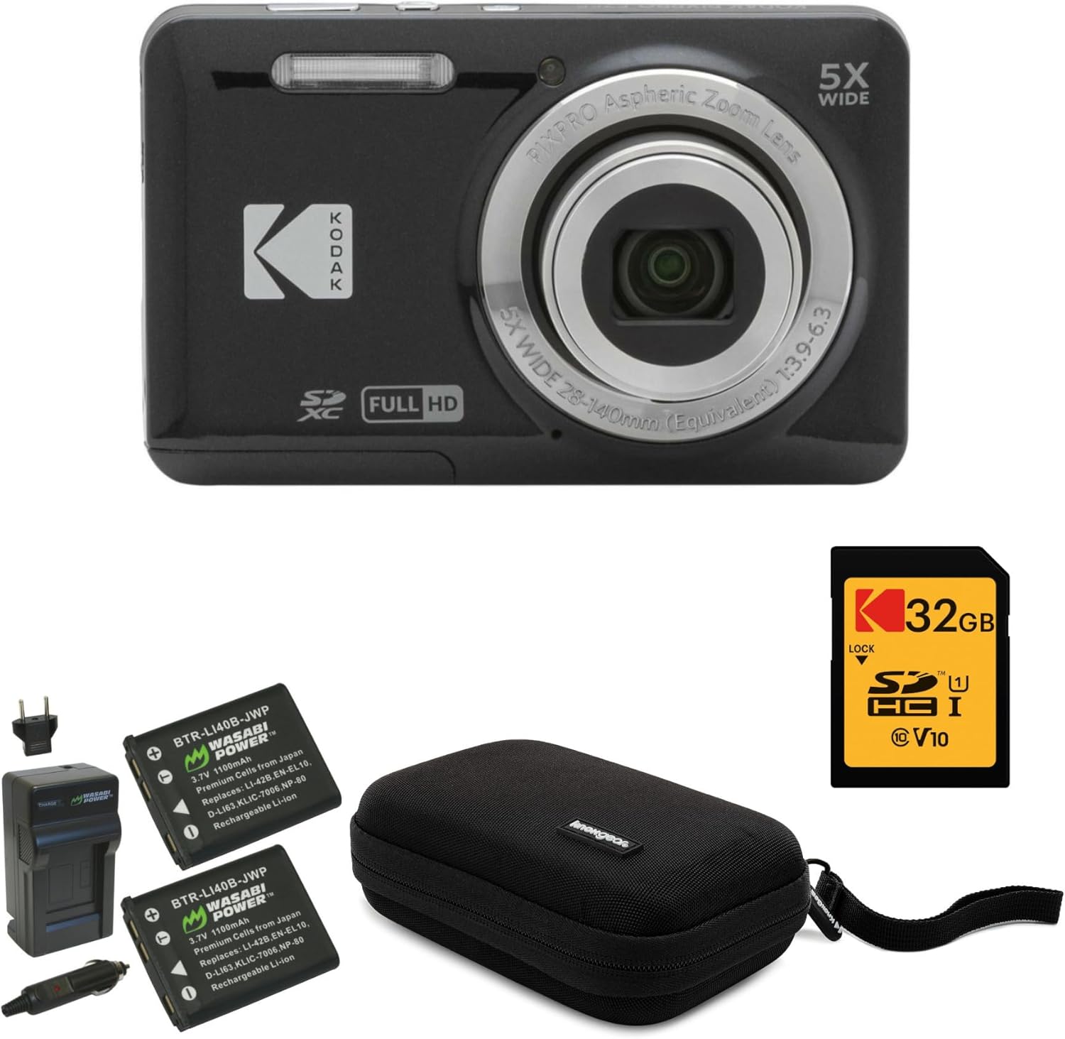 Kodak PIXPRO Friendly Zoom FZ55 Digital Camera (Black) Bundle with 32GB SD Card  Camera Case  and Battery Travel Charger (4 Items)