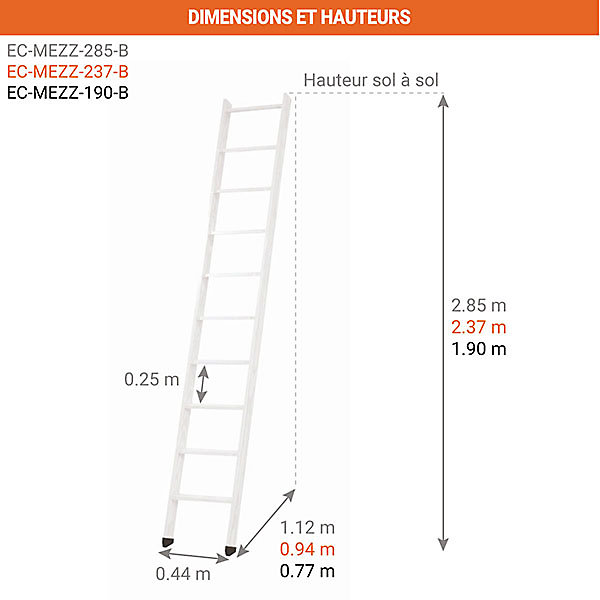 Echelle de meunier Blanc - 12 marches - Hauteur à franchir 2,85m - RAL 9010 - EC-MEZZ-285-B