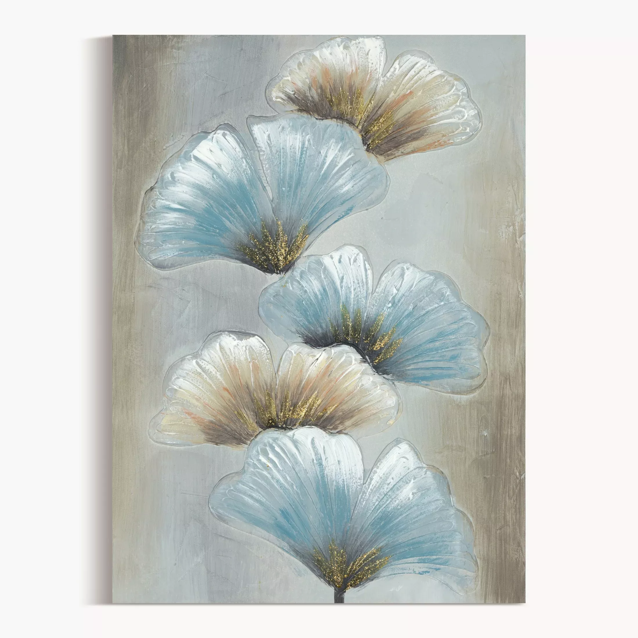 Obraz roślinny beżowo, niebieski ręcznie malowany na płótnie liście miłorzębu 50x70 cm GINKO 1