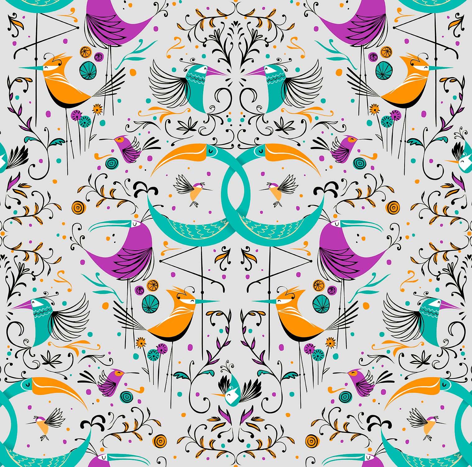 Walls4You behang vogels grijs en meerkleurig - 53 cm x 10 m - 640130