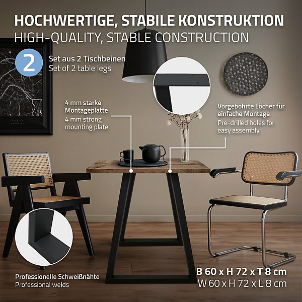 Lot de 2 pieds de table ECD Germany forme trapèze 60x72 cm noir acier revêtu par poudre robuste