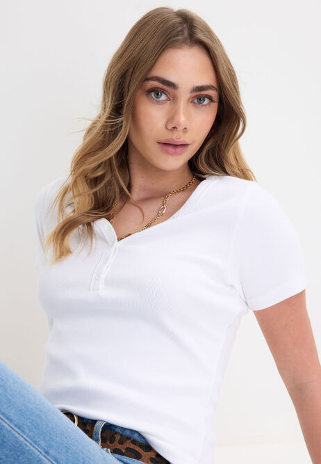 Womens White V-Neck Placket Short Sleeve Top