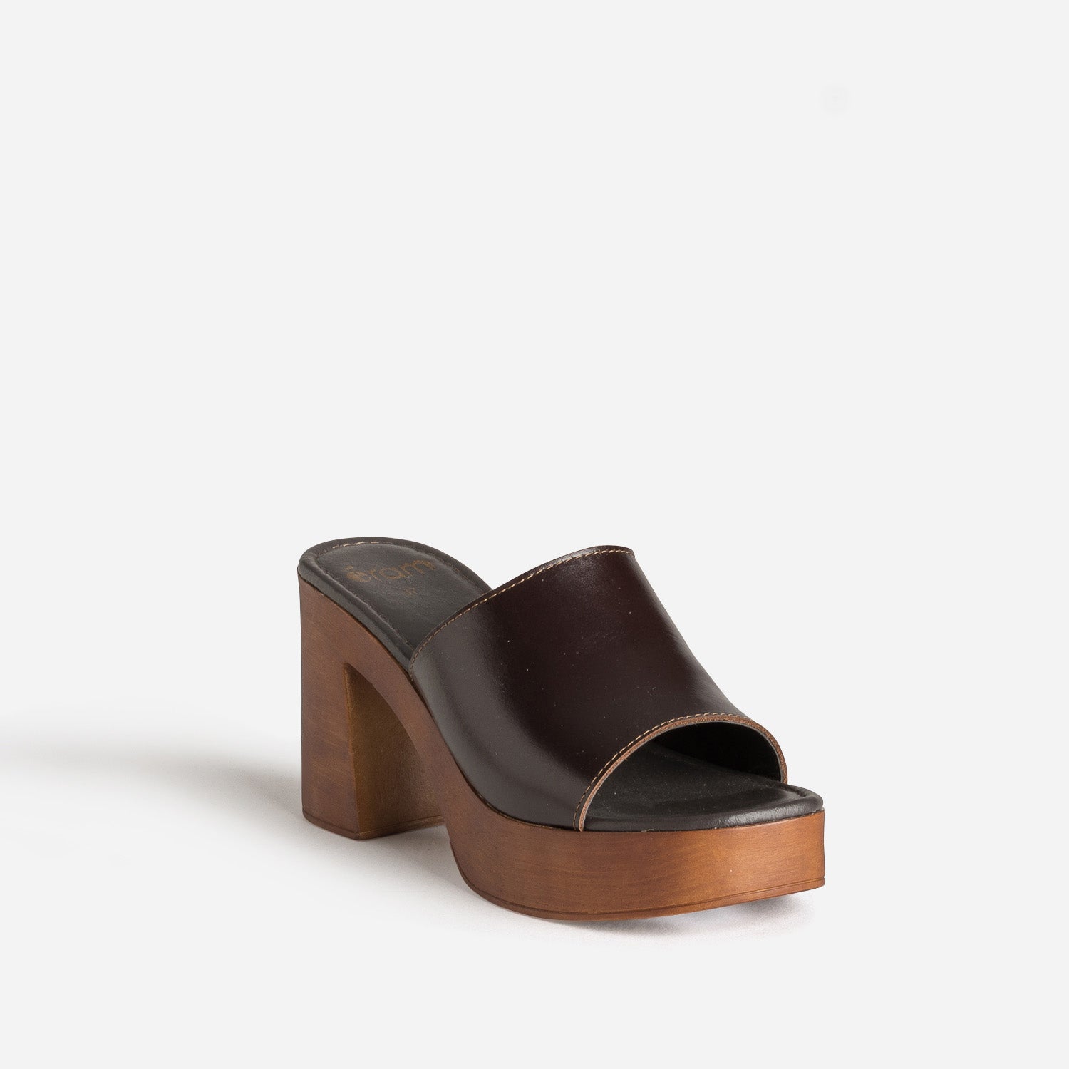 Mule marron foncé cuir semelle effet bois