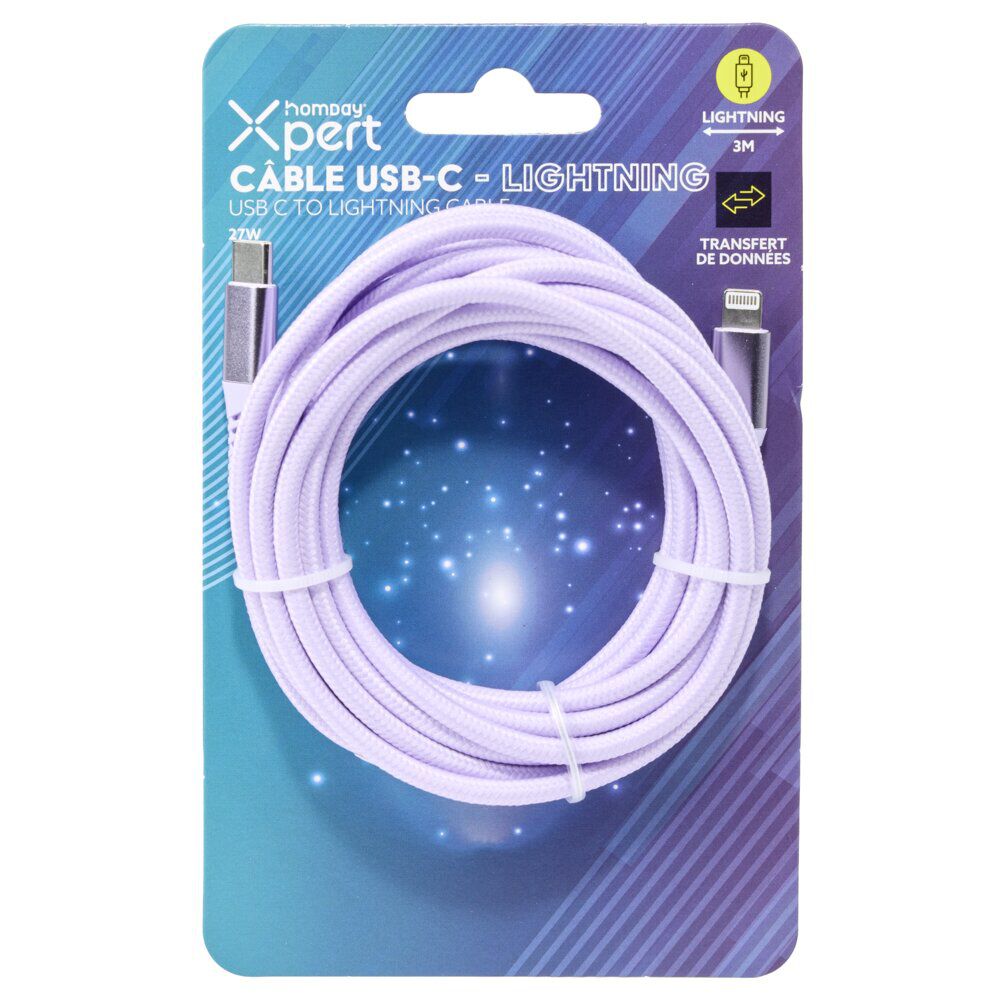 Câble de charge USB vers lightning nylon 3m (2 modèles bleu ou violet)