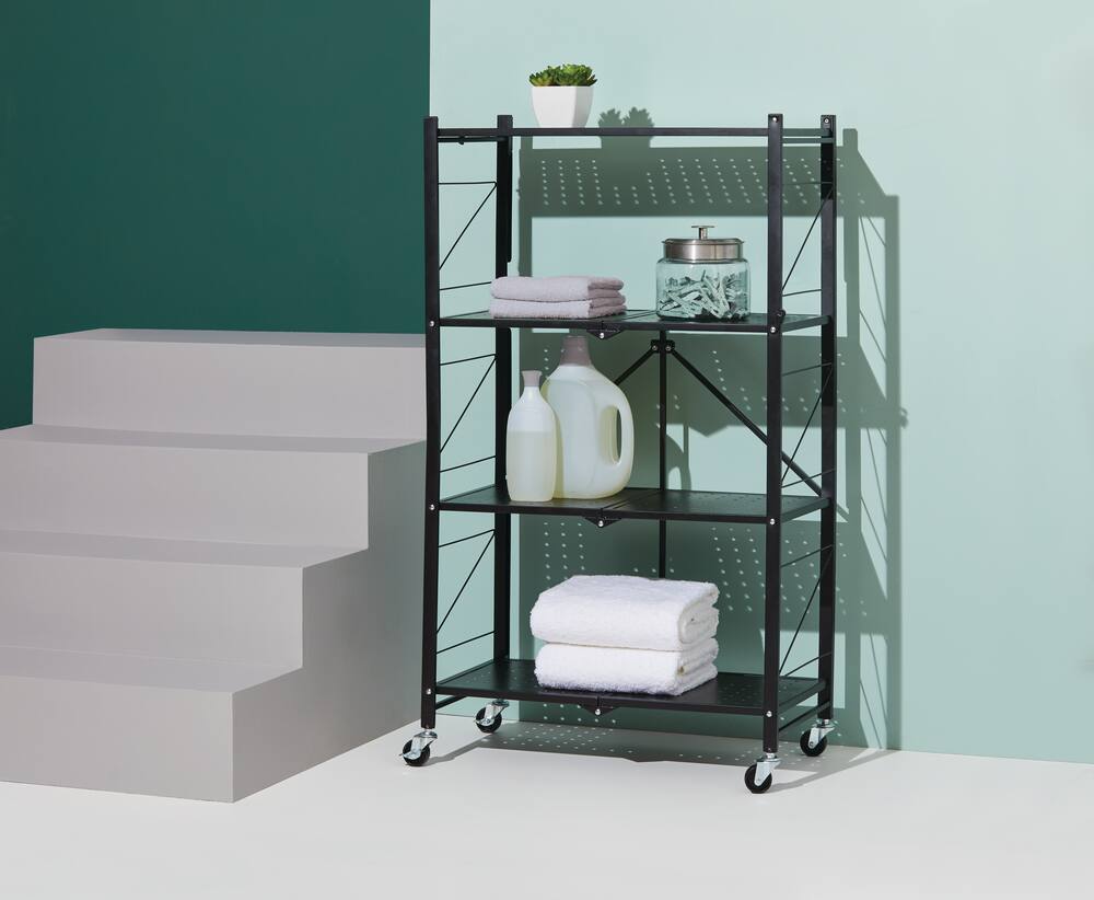 type A Perspective 4-Tier Foldable Storage Rack with Wheels, Black