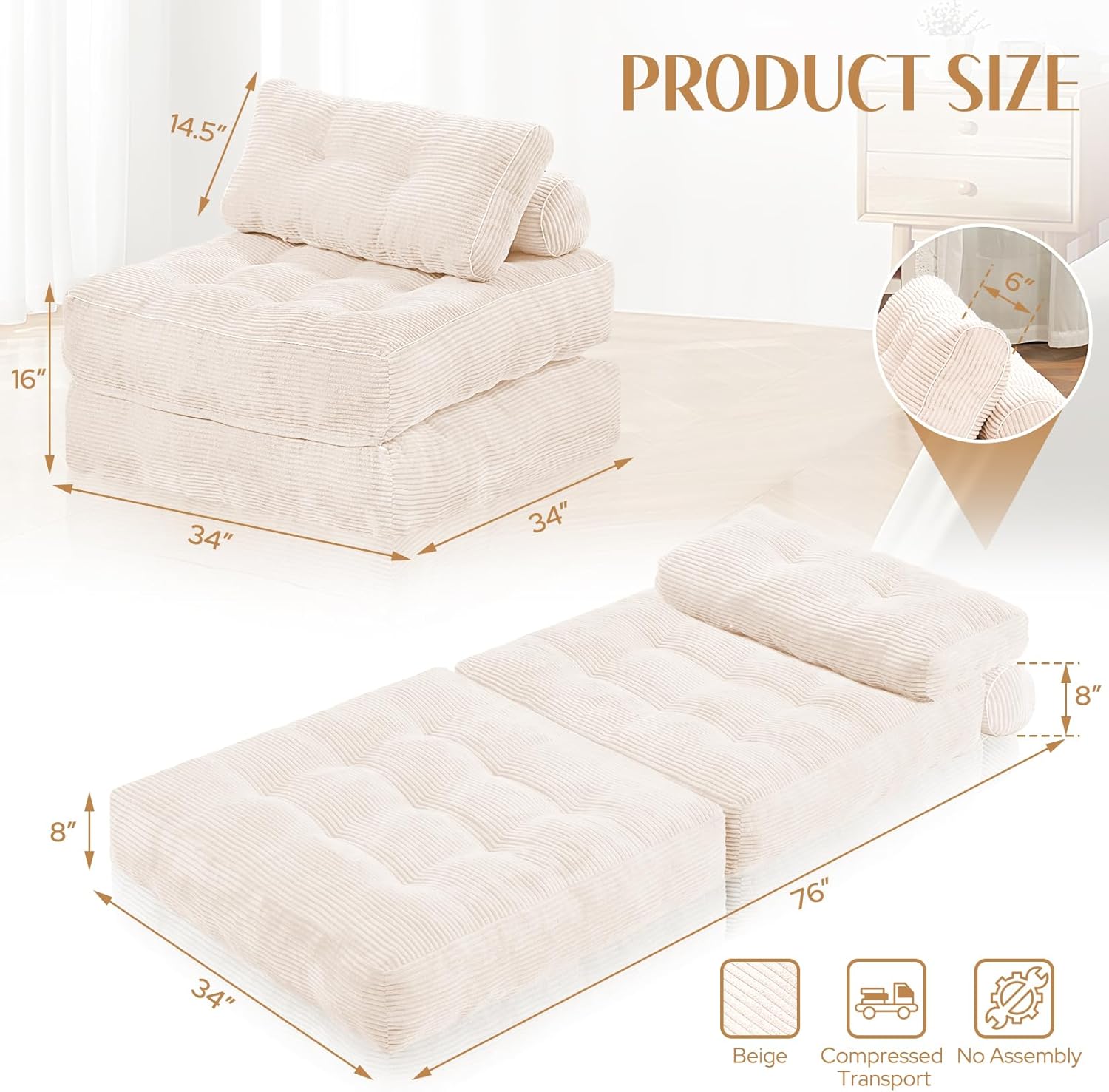 HABUTWAY Folding Sofa Bed, Convertible Sleeper Chair Bed w/Dual-Pillow & Handle, Foldable Floor Sofa Lounge w/Back Support for Living Room, Bedroom, Apartment, Office, Single, Beige