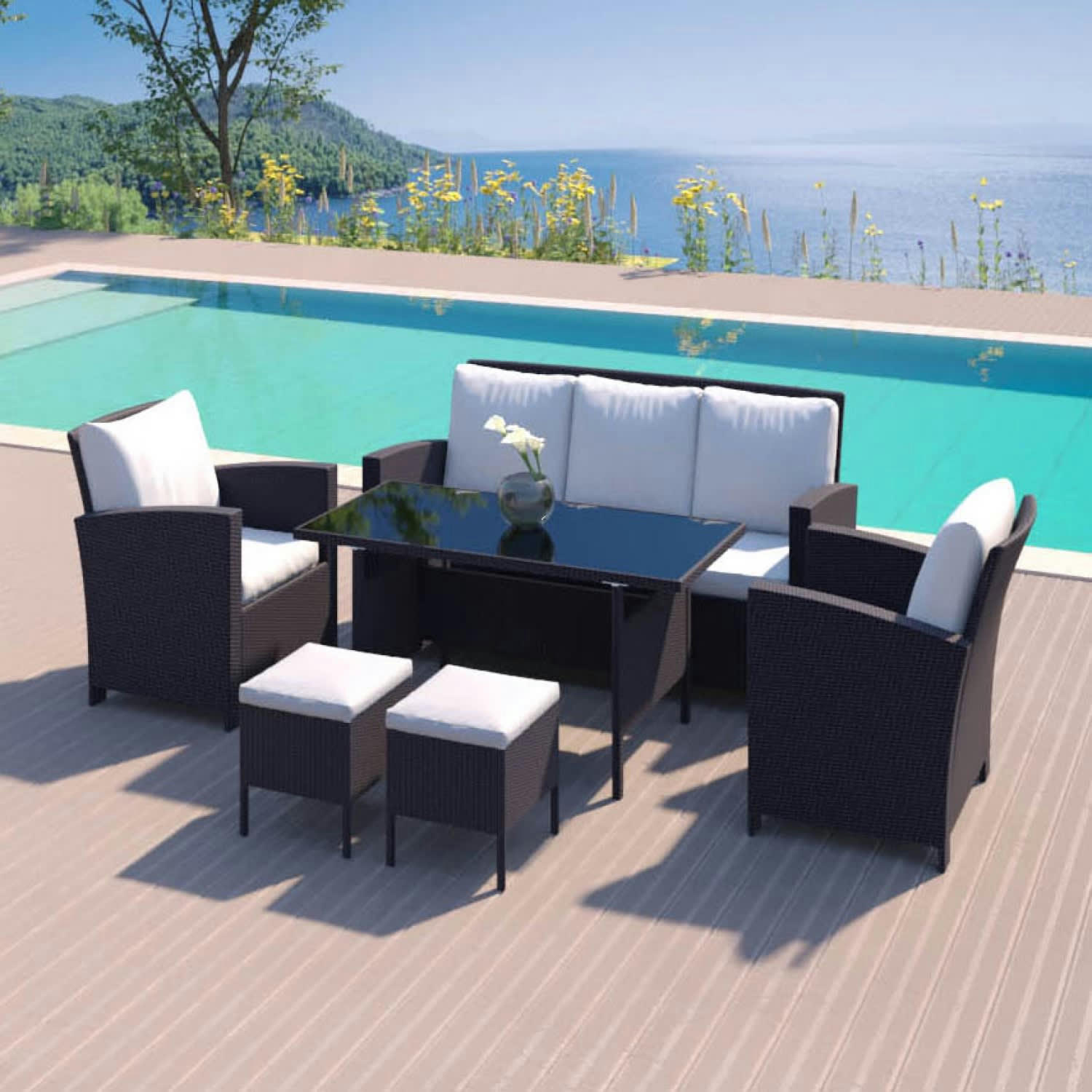 MODENA - Salon de jardin 7 places en résine tressée noir et blanc