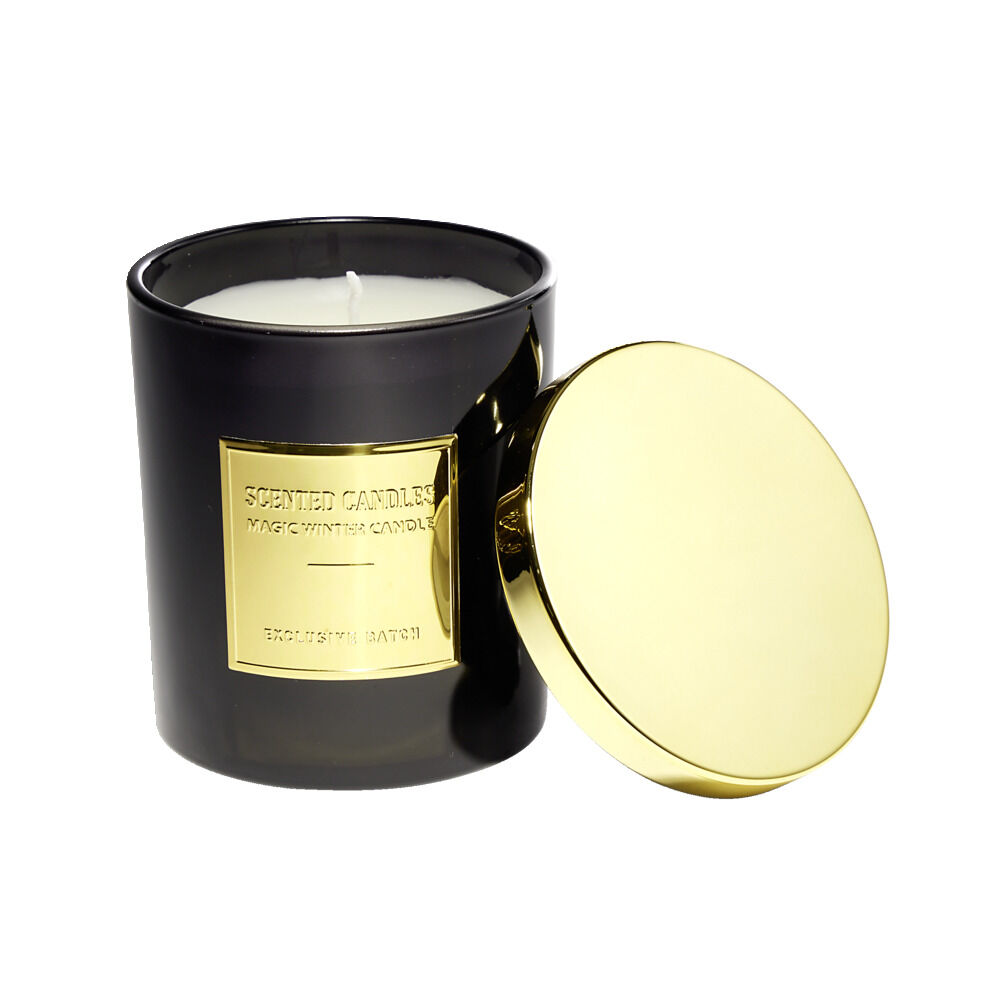 Bougie avec couvercle pot métallisé noir et doré senteur oud Ø25H