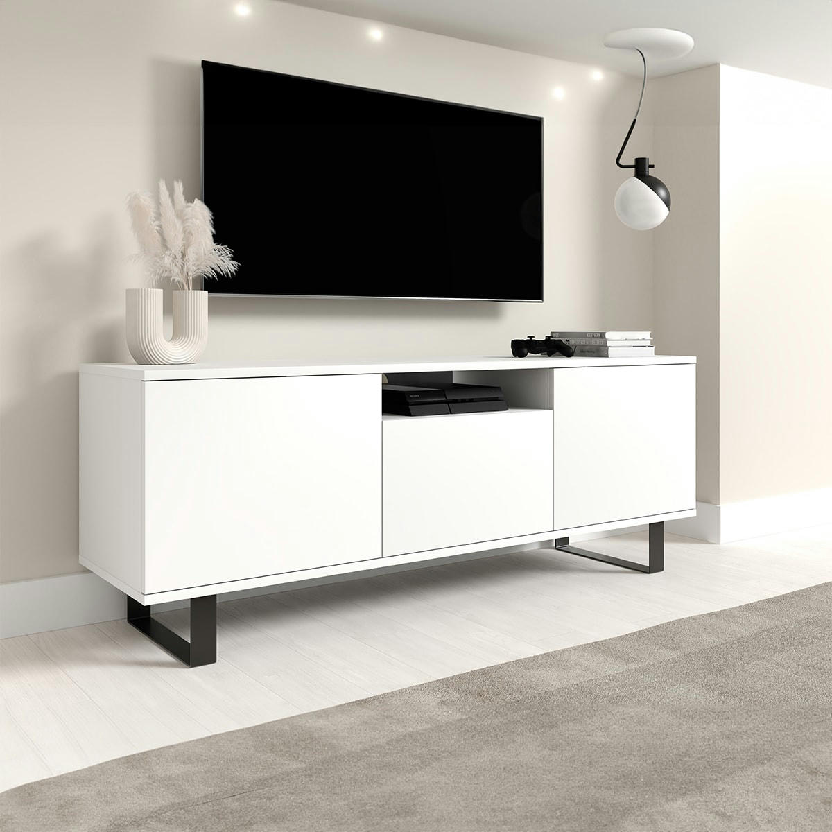 - Meuble TV 3 portes 150 cm stratifiés, métal blanc
