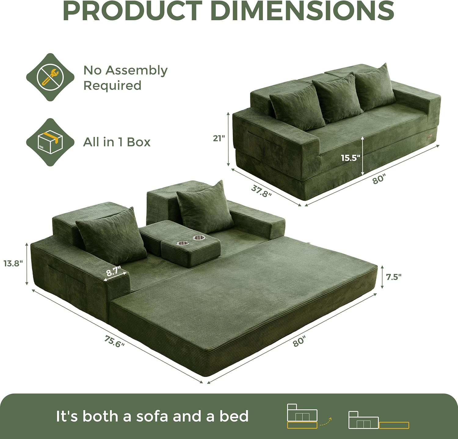 MAXYOYO Convertible Sofa Bed, 80 Oversized Boneless Loveseat Couch 4 in 1 Foldable Floor Sofa Couch in A Box with 2 Cup Holders, Folding Sleeper Chair for Living Room, No Assembly Required, Green