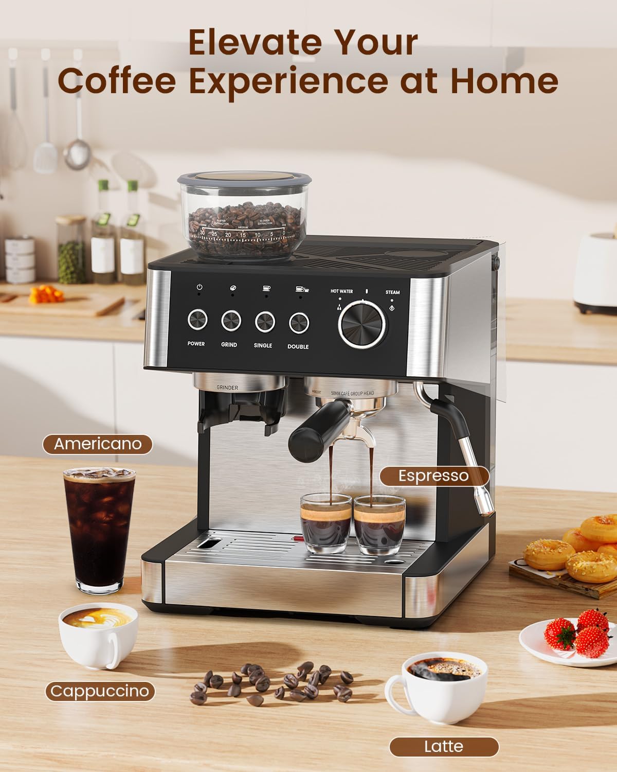 (2026 Upgrade) Espresso Machine with Grinder, 15 Bar Expresso Coffee Machines, Professional Coffee Maker for Latte&Cappuccino with Milk Frother, Expresso Machines for Home Descaling Kit Included Black