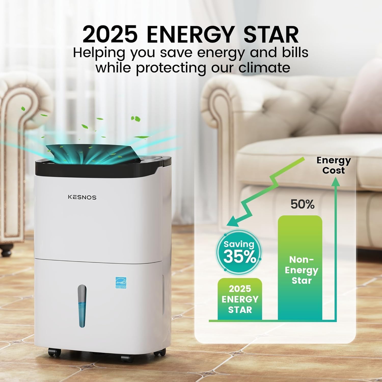 Kesnos 80 Pints Energy Star Dehumidifier for Home & Basement with Drain Hose, Ideal for Large Spaces up to 5,500 Sq. Ft., Featuring Auto Defrost & Self-Drying Function