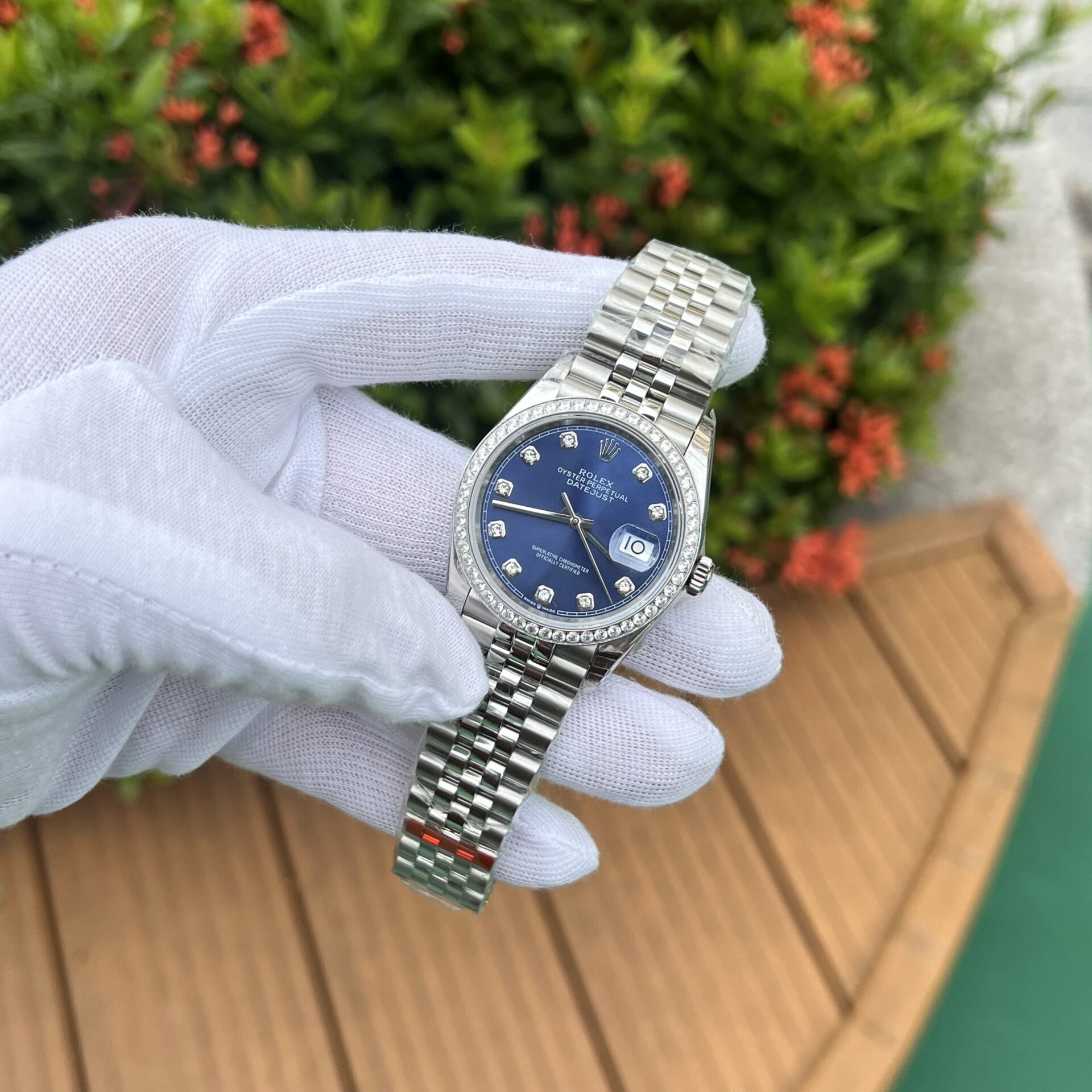 Rolex Datejust 316L Steel Blue Dial CZ Diamonds 36mm Jub Replica