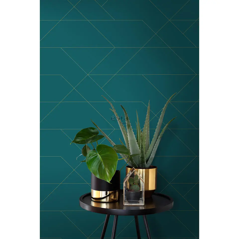 ESTAhome behang grafische lijnen petrolblauw en goud - 53 cm x 10.05 m